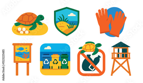 Flat vector icons of beach eco-conservation: turtle nesting icon, dune restoration badge, beach cleanup gloves, recycling bins on shore, educational signboard, marine life protection, no littering
