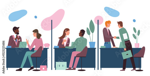 Bank service vector illustration. Cartoon bank employee characters work with clients and consult in office interior, open deposit, approve loans, currency exchange financial transactions background