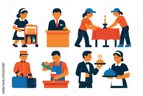 Flat vector icons of hospitality and service labor: hotel maid with trolley, front desk clerk, bellboy with suitcase, event setup crew, bartender pouring drink, waiter delivering plate, kitchen