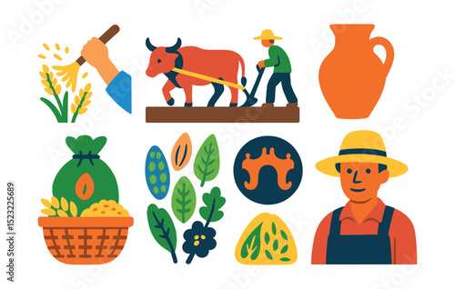 Flat vector icons of traditional and cultural farming: hand-threshing wheat, ox plowing field icon, clay water jug, wooden yoke badge, woven harvest basket, seed-saving pouch, heritage crop variety,