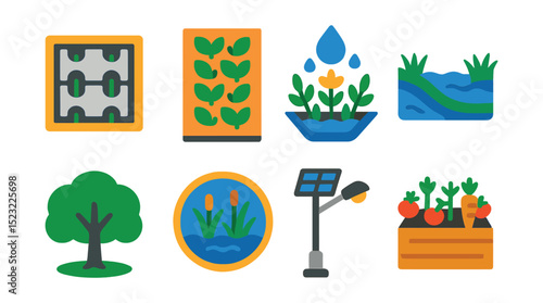 Flat vector icons of urban green infrastructure: permeable pavement tile, green wall facade, rain garden icon, bioswale channel, tree canopy cover, urban wetlands badge, solar-powered streetlight,