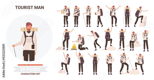 Man tourist traveler adventure poses vector illustration set. Cartoon bearded young male hiker character with backpack posing in tourism activity, traveling, hiking and climbing isolated on white