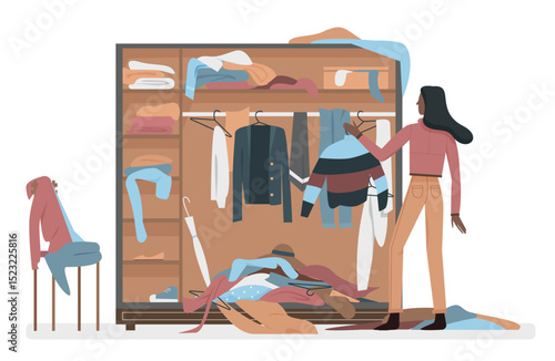Messy closet, dressing home room interior vector illustration. Black african american woman worried about mess in open wardrobe, standing next to pile of thrown clothes, untidy clutter.