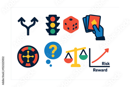Flat vector icons of choosing between options: forked path icon, traffic light signals, dice roll chance, pick a card hand, roulette wheel, question mark thought bubble, decision balance scale, risk