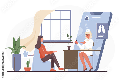 Online doctor medical appointment vector illustration. Cartoon woman patient character meeting doctor hospital worker on phone screen, videocall healthcare medicine communication isolated on white