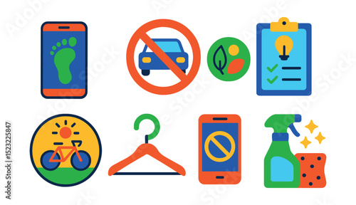 Flat vector icons of low carbon lifestyle: carbon footprint tracker, no car day icon, plant-based meal plate, energy-saving checklist, bike to work badge, slow fashion hanger, digital detox phone