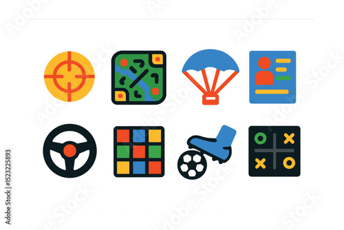 Flat vector icons of video game genres and styles: FPS crosshair icon, MOBA map layout, battle royale parachute, RPG character stats, racing game wheel, puzzle grid tiles, sports controller kick,