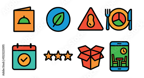 Flat vector icons of food choice and dining options: menu card icon, dietary preference badge, allergen warning symbol, meal portion selector, reservation confirmation, food rating stars, takeout box