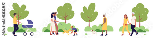People walking in city park together vector illustration set. Cartoon cityscape summer park scenes collection, happy family characters walk and play with dog, father with stroller isolated on white