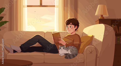 Young man reading a book while relaxing on a sofa with a cat