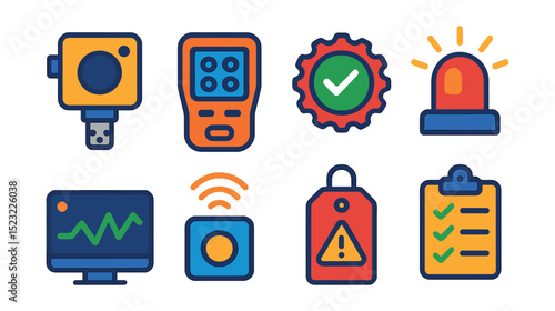 Flat vector icons of gas detection and monitoring technology: fixed gas detector icon, portable gas monitor, sensor calibration badge, alert notification light, data logger screen, wireless sensor