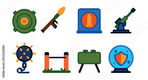 Flat vector icons of explosive and defense systems: anti-tank mine icon, RPG launcher, missile silo door, anti-air battery, naval mine float, tripwire trap, claymore mine plate, shield generator