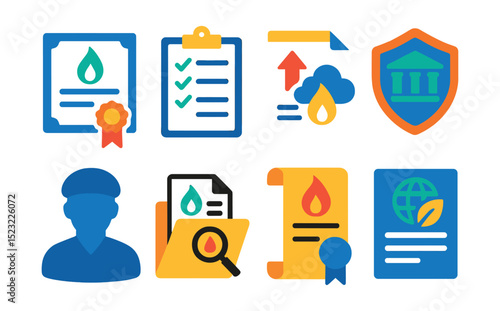 Flat vector icons of natural gas regulatory compliance: government certificate icon, safety audit checklist, emissions reporting form, regulatory agency badge, compliance officer silhouette,