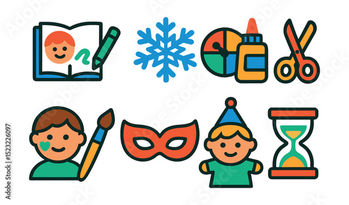Flat vector icons of children’s holiday activities: coloring book icon, paper snowflake, party game spinner, craft glue and scissors, face painting brush, costume mask, holiday puppet, storytime