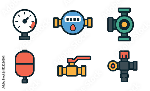 Flat vector icons of water systems and flow control: pressure gauge icon, water meter dial, backflow preventer, circulation pump, expansion tank, flow sensor badge, ball valve lever, temperature