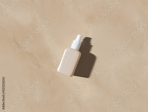Minimalist skincare bottle mock-up on beige stone background, soft shadows, clean and elegant, top-down view, natural lighting