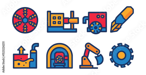 Flat vector icons of tunneling and underground machines: tunnel boring machine icon, pipe jacking rig, microtunneling equipment, underground drill head, slurry removal unit, shield tunneling system,