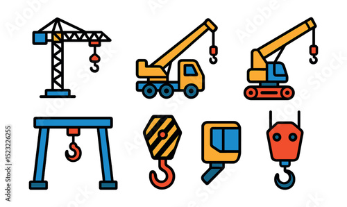Flat vector icons of construction cranes: tower crane icon, mobile crane truck, crawler crane symbol, telescopic boom crane, overhead gantry crane, lifting hook badge, crane control cab, heavy load