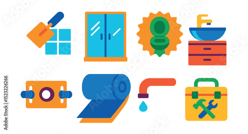 Flat vector icons of bathroom renovation and installation: wall tile trowel icon, shower enclosure glass, new toilet seat badge, basin countertop unit, faucet mounting bracket, waterproof membrane