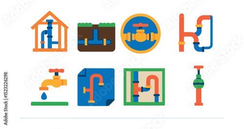 Flat vector icons of plumbing in new construction: house frame with pipes icon, underground plumbing trench, water main connection badge, rough-in pipework, site water tap, blueprint with pipe