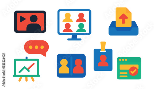 Flat vector icons of virtual and hybrid learning: live lecture stream, online classroom screen, discussion forum bubble, assignment upload tray, virtual whiteboard symbol, breakout room icon, webinar