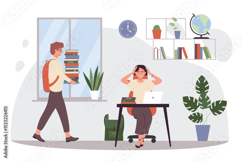 Student teen people study at home together vector illustration. Cartoon young boy holding stack of books, exhausted girl character sitting on desk with laptop and textbook, studying hard before exam