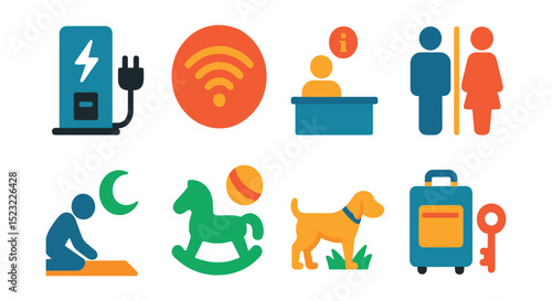 Flat vector icons of airport passenger amenities: charging station icon, free Wi-Fi badge, information desk, restroom sign, prayer room, kids play area, pet relief zone, lost and found office.