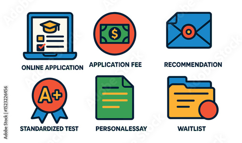 Flat vector icons of university admissions process: online application form icon, application fee payment, recommendation letter envelope, transcript document, standardized test results badge,