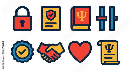 Flat vector icons of ethics and values in psychology: confidentiality lock icon, informed consent sheet, ethics code book, boundary respect line, client rights badge, cultural humility handshake,