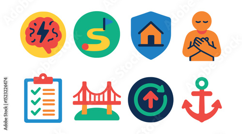 Flat vector icons of trauma-informed care: trauma response brain, healing journey path, safe environment shield, grounded presence icon, trauma symptoms checklist, trust-building bridge, resilience
