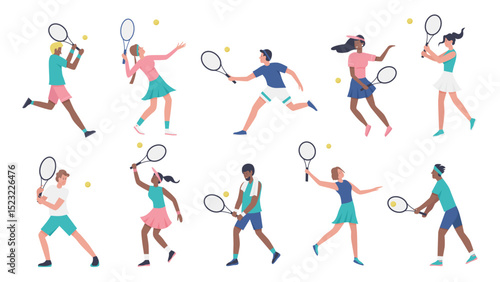 Workout playing tennis vector illustration set. Cartoon young woman man sportive characters in sportsman uniform play tennis, players holding rackets and hitting ball collection isolated on white