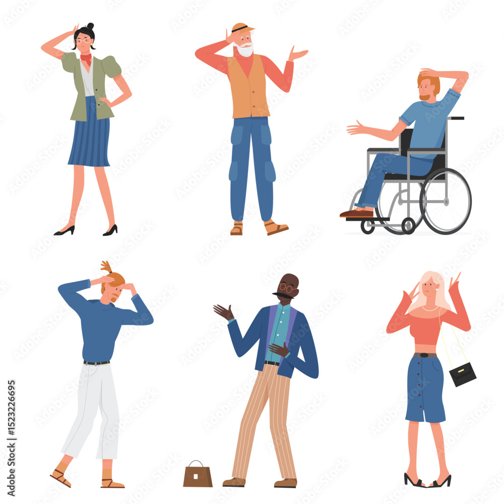 Fototapeta premium Sad people in stress and frustration vector illustration set. Cartoon discouraged unhappy stressed adult characters collection, man woman showing frustrated gestures, mental problem isolated on white
