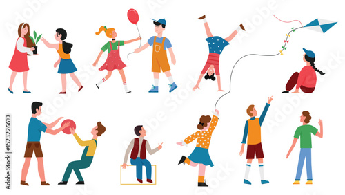 Children play vector illustration set. Cartoon happy boys and girls characters playing different fun games together collection, child flying kite outdoors, holding houseplant, jumping with ball