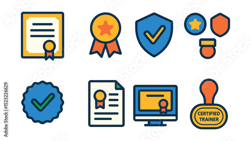 Flat vector icons of training certificates and achievements: completion certificate icon, award ribbon badge, skills mastery shield, training badge collection, verified training seal, course