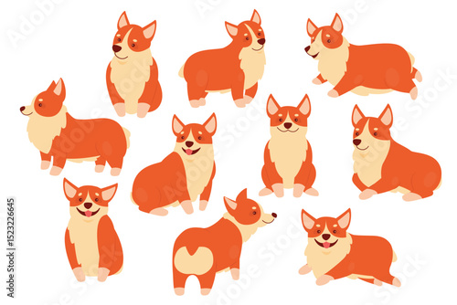 Happy corgi dog pet vector illustration set. Cartoon cute puppy characters in different poses collection, kawaii corgi doggy sitting, friendly dog standing with smiling muzzle isolated on white