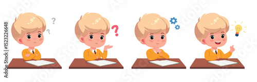 happy cute kid boy think solve exam cartoon vector 