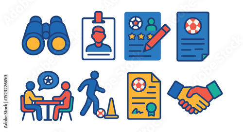 Flat vector icons of football scouting and recruitment: scout binoculars icon, player profile badge, talent evaluation sheet, contract offer, trial invitation, recruitment meeting, skill test, agent