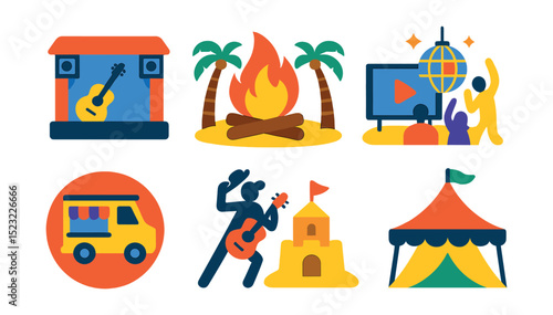 Flat vector icons of beachside entertainment: live music stage icon, beach bonfire party, open-air cinema screen, dance floor with disco ball, food truck badge, street performer silhouette, sand art