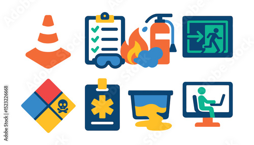 Flat vector icons of health and safety training: workplace safety cone, PPE checklist icon, fire extinguisher drill, evacuation practice plan, hazard label chart, emergency first responder badge,