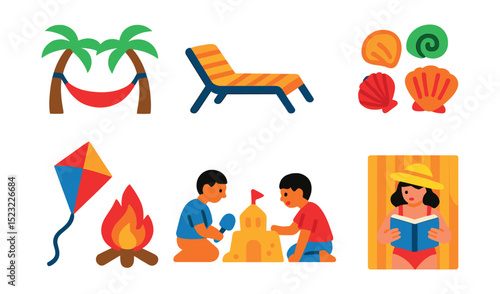 Flat vector icons of beach relaxation and fun: hammock between palms, sunbathing chair, sandcastle icon, seashell collection, beach kite, beach bonfire, children playing sand, beach towel reading