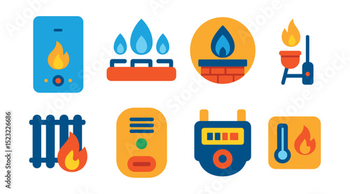 Flat vector icons of gas appliances and home use: residential gas boiler icon, kitchen stove flame, gas fireplace badge, gas grill ignition, heating radiator with flame symbol, indoor gas detector,
