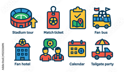 Flat vector icons of football fan travel and events: stadium tour icon, match ticket badge, travel itinerary, fan bus, fan hotel, fan meetup, event calendar, tailgate party.