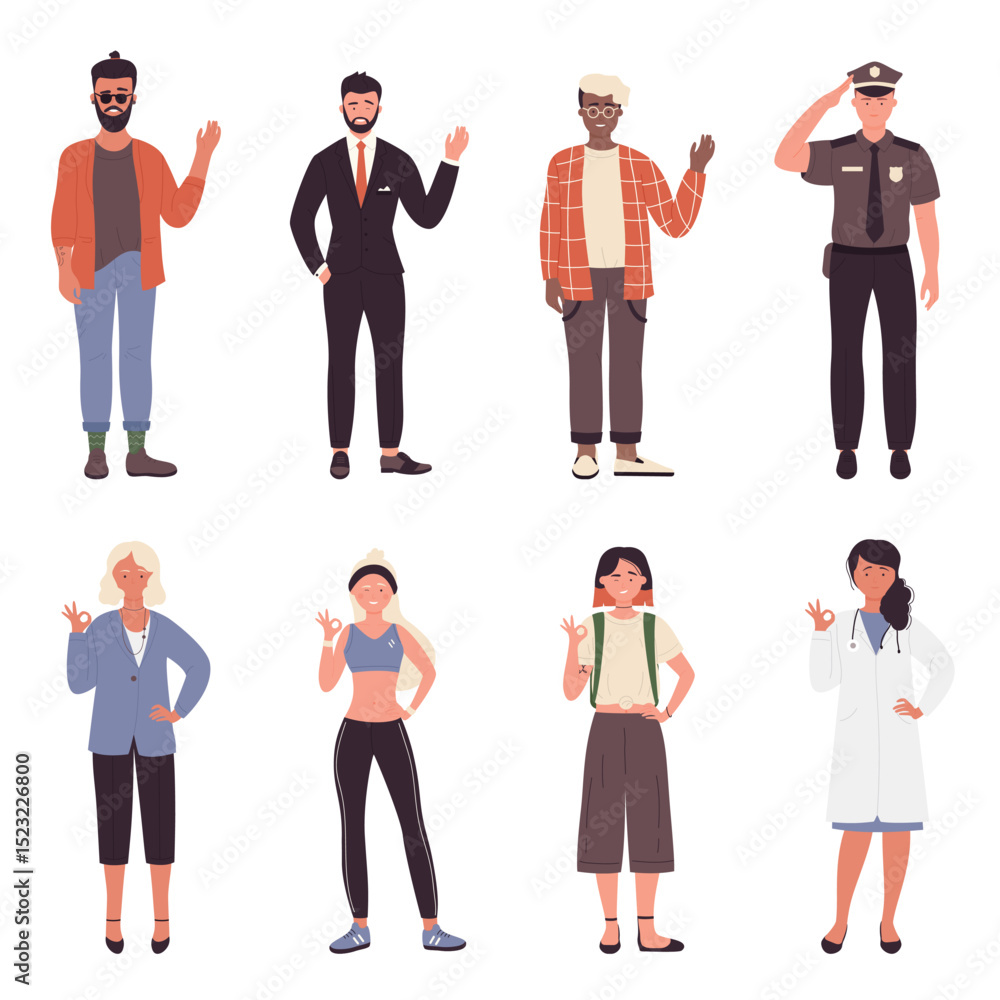 People greet and wave vector illustration set. Cartoon bearded hipster businessman policeman and boy waving hello, young woman doctor businessman and girl student with okay gesture isolated on white People greet and wave vector illustration set. Cartoon bearded hipster businessman policeman and boy waving hello, young woman doctor businessman and girl student with okay gesture isolated on white
