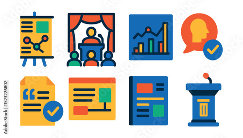 Flat vector icons of technical and academic presentations: scientific poster icon, academic conference stage, data visualization chart, peer-reviewed speech badge, citation file folder, research