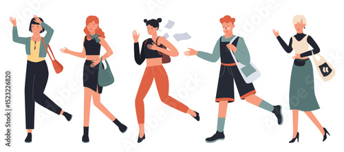 People hurry and run vector illustration set. Cartoon busy boy and girl characters hurrying, running fast, late worried adult woman in casual clothes rushing in hurry to get on time isolated on white