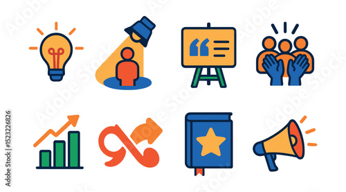 Flat vector icons of motivational speaking: inspiration lightbulb icon, stage spotlight on speaker, motivational quote board, audience clapping hands, energy boost chart, transformation arrow,