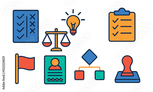 Flat vector icons of decision-making processes: pros and cons list, weighing scale icon, brainstorming lightbulb, checklist with ticks, priority flag, evaluation form, flowchart decision node,