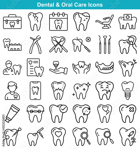 Dental Care Icons Tooth, Calendar, Chair, Equipment, and Specialist Line Art Set