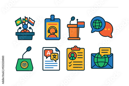 Flat vector icons of cultural and diplomatic speaking: international summit podium, translator headset badge, flag beside speaker stand, intercultural dialogue bubble, UN assembly mic, bilingual