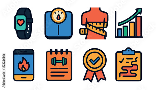 Flat vector icons of gym tracking and progress: fitness tracker icon, weight scale badge, body measurement tape, progress chart, calorie counter, workout log, goal achievement, training plan.